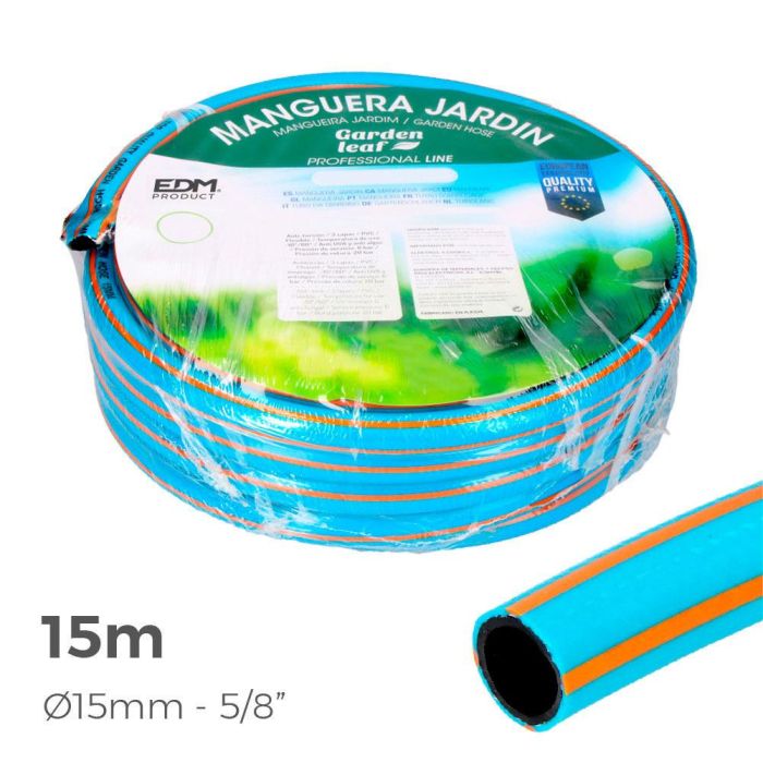 Edm Manguera de jardín Pro 15 m PVC 3 capas, anti-UV y anti-algas, azul/naranja, 5/8" 15 mm 1