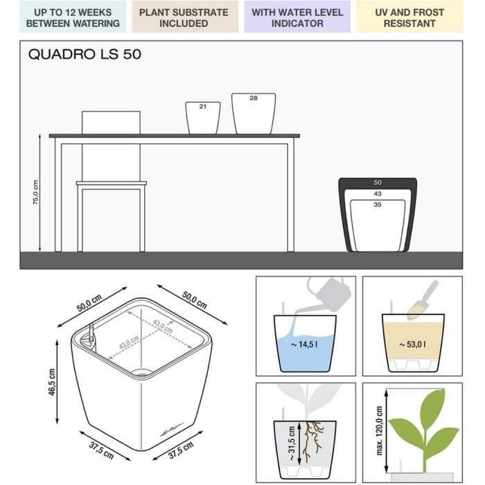 Maceta - LEC - Quadro Premium LS 50 - plata metalizada - 15 L - sistema de riego integrado 1 Maceta - LEC - Quadro Premium LS 50 - plata metalizada - 15 L - sistema de riego integrado 1