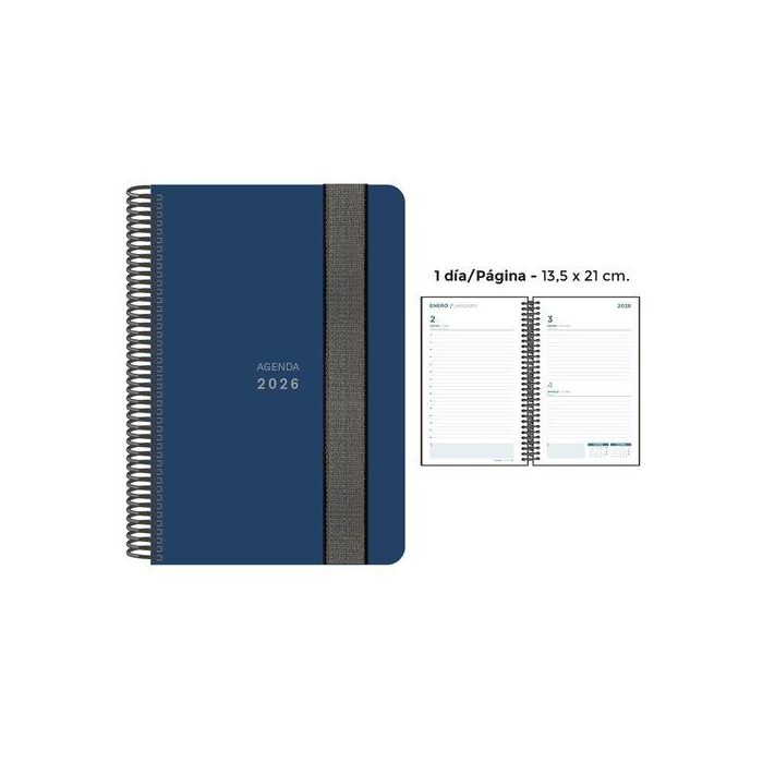 Agenda Anual (2026) Senfort Unicolor Espiral Tapa Pp Con Goma 135X210 D/P Azul Oscuro