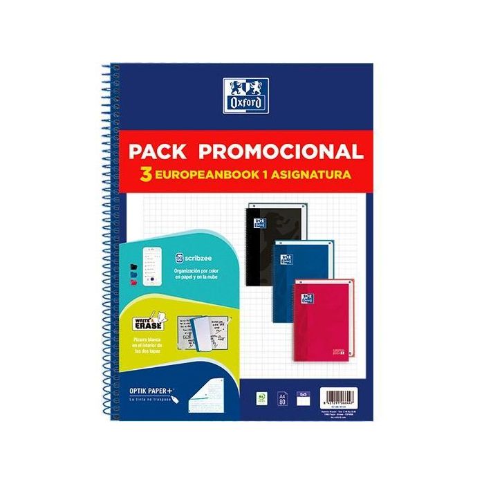 Oxford Cuaderno School Europeanbook 1 cLassic Write&Erase 80H A4 5x5 T-Extradura C-Surtidos Pack Promocional 3 Ud Oxford Cuaderno School Europeanbook 1 cLassic Write&Erase 80H A4 5x5 T-Extradura C-Surtidos Pack Promocional 3 Ud