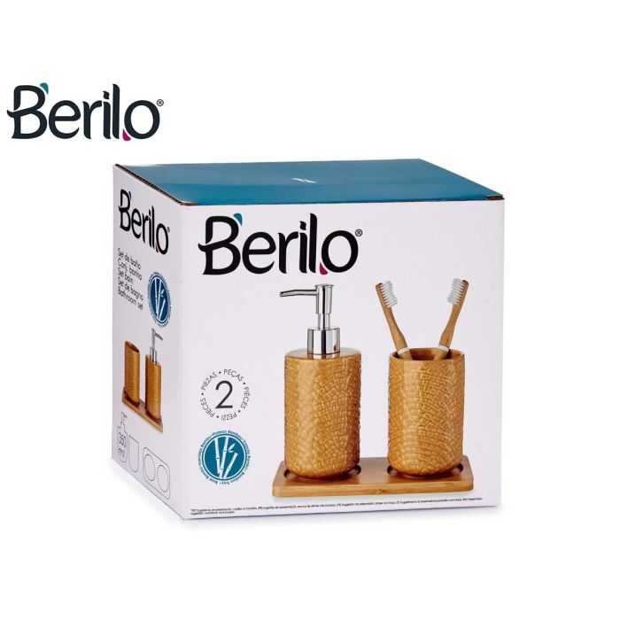 Berilo Set Baño Cerámica 2 Piezas Camel Cuadrado con Bandeja, Gres, Plástico ABS/PP, Bambú, 9x18.5x20 cm (Set de 6) 2