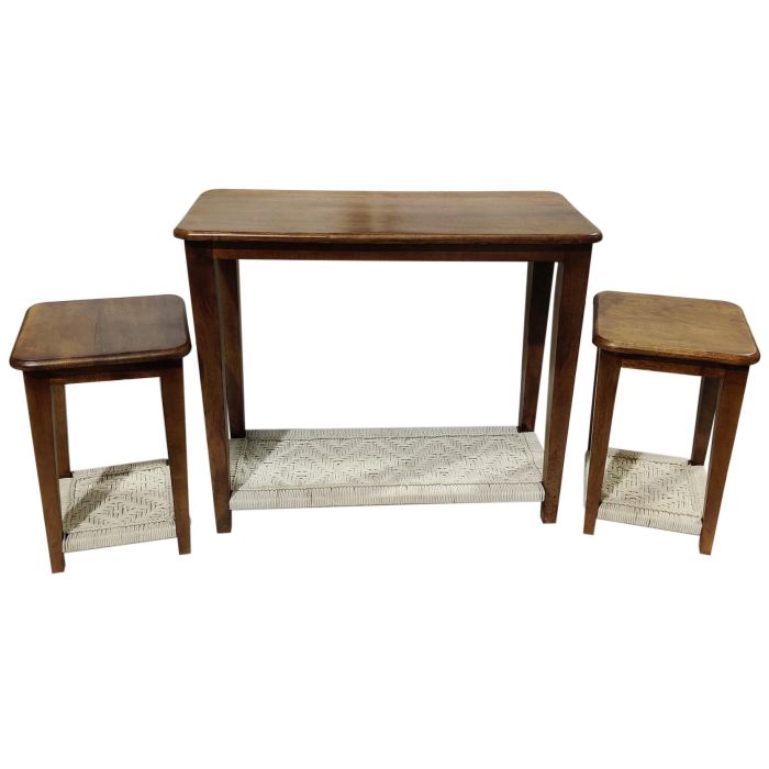 DKD Home Decor Consola Colonial Marrón de Madera de Mango y Algodón 95x40x81 cm - Set de 3 Mesitas con 1 Estantería