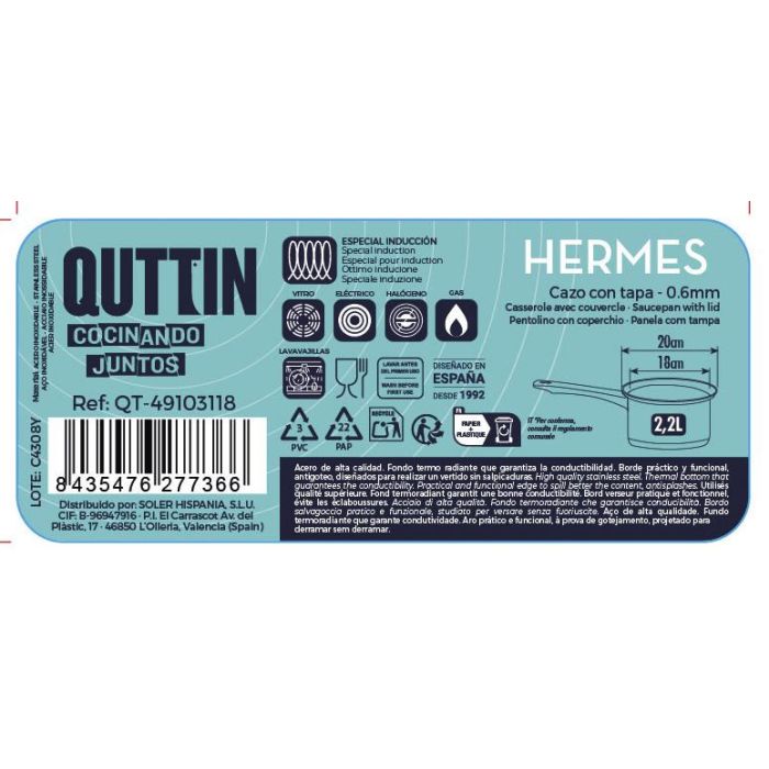 Cazo Hermes 18 cm (2.2L) Acero Inoxidable con Tapa - Inde (8 Unidades) 2 Cazo Hermes 18 cm (2.2L) Acero Inoxidable con Tapa - Inde (8 Unidades) 2