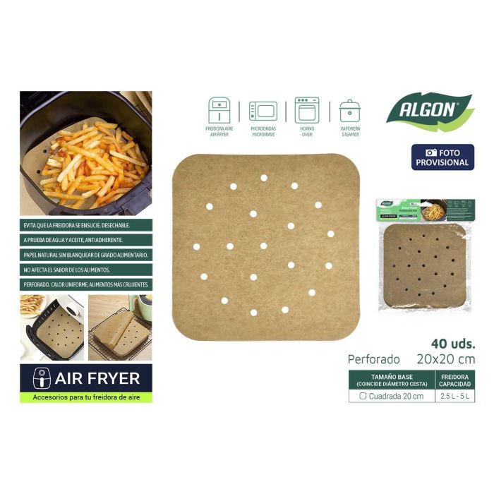 Algon Set 40 Papeles Redondos Perforados para Airfryer Cuadrados 20 cm - Accesorios Freidora de Aire (24 Unidades)