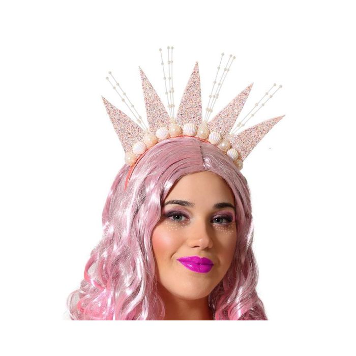 Diadema Princesa Rosa Brillante Corona Marina con Conchas y Perlas Accesorio Polyester