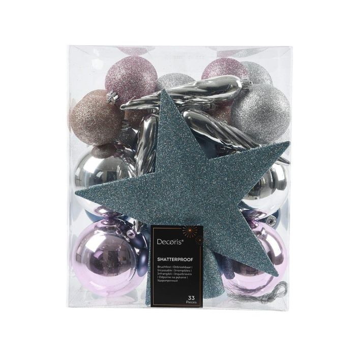 Decoris Juego de 33 adornos navideños colgantes para árbol, colores azul, lila, plata y rosa