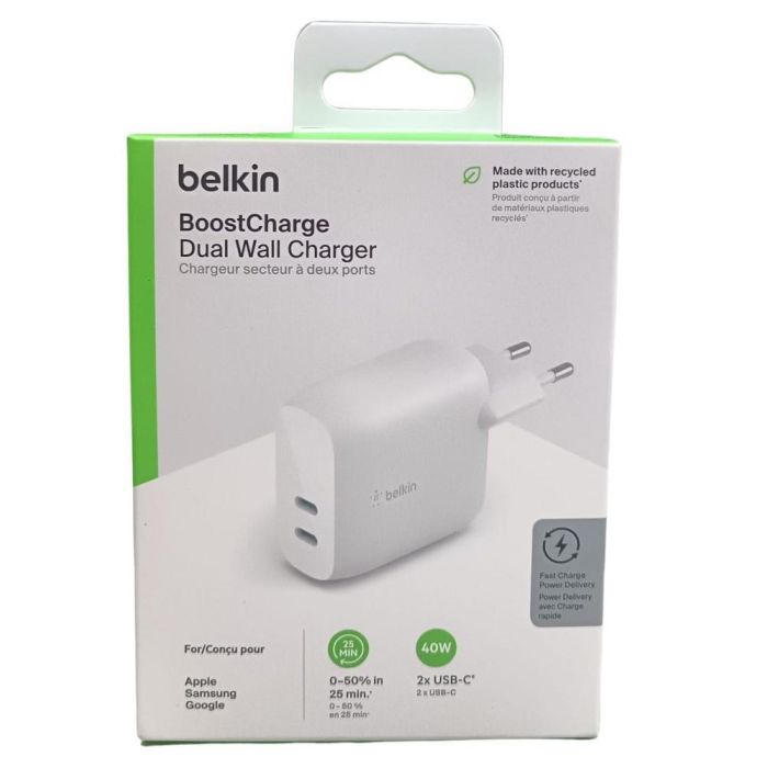 Belkin WCB006VFWH Cargador de Pared 40W Duo USB-C, Carga Rápida Power Delivery para 2 Dispositivos 1