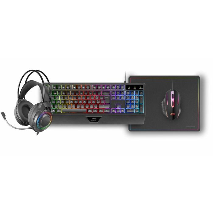 Mars Gaming Kit Gaming 4en1 MCP124PRO - Teclado RGB, Ratón 3200 DPI, Auriculares FRGB, Alfombrilla Nanotextil 1