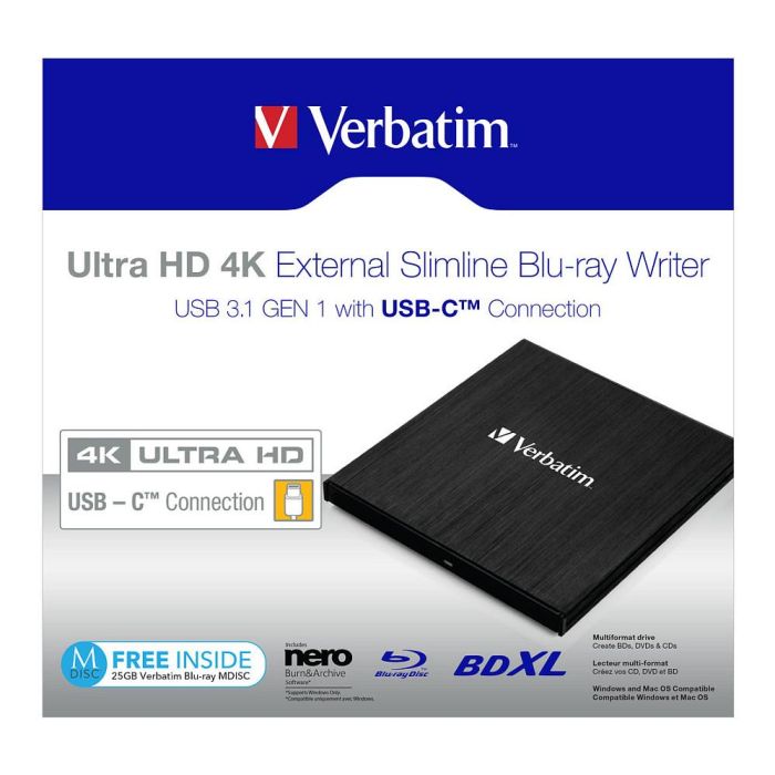 Verbatim 43888 Grabadora Blu-ray Externa Slimline USB 3.1 Tipo C, 4K, Color Negro 5