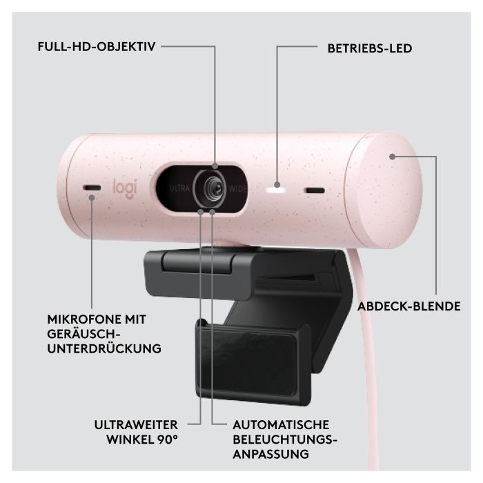 Logitech Webcam Brio 500 Rosa Full HD 1080p 4MP 90° con Clip de Montaje Universal USB-C Plug and Play Rightlight 4 HDR 5