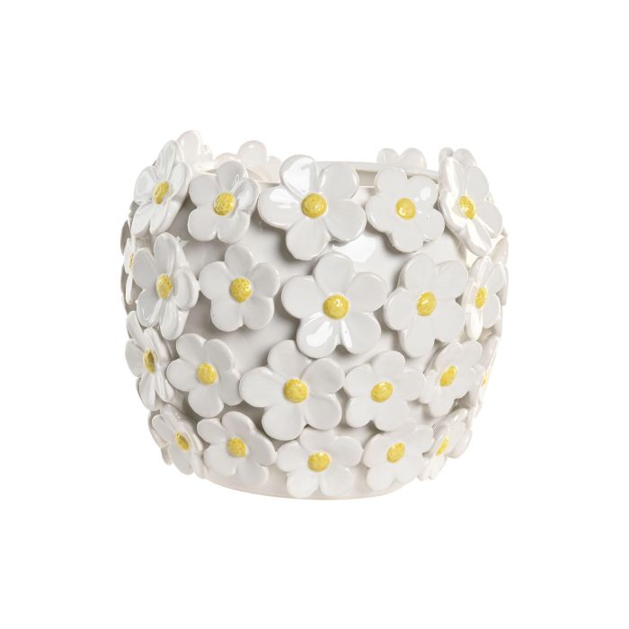 DKD Home Decor Jarrón Shabby Blanco Amarillo Margaritas Cerámica 21 x 18 x 21 cm