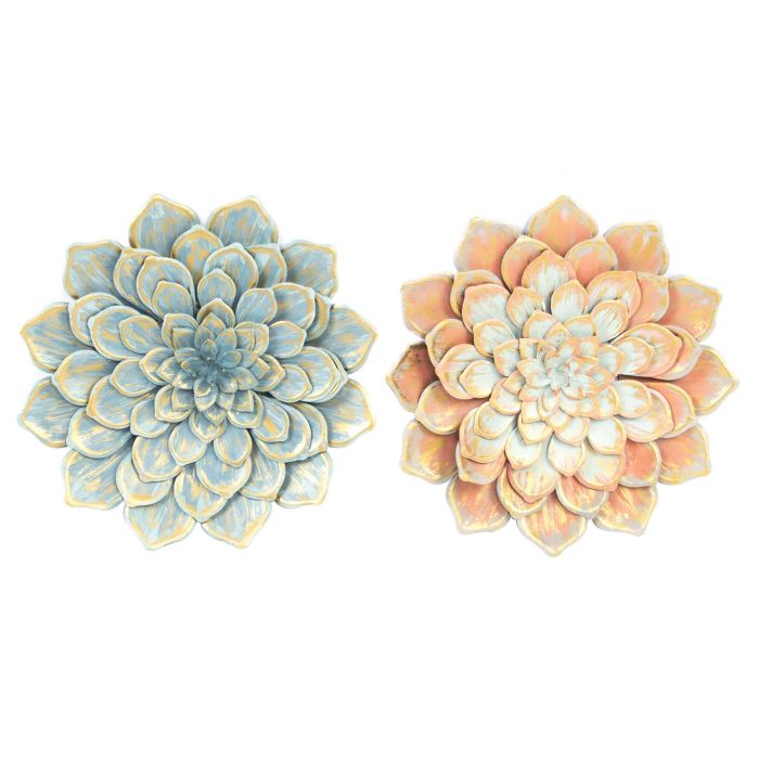 DKD Home Decor Adorno Decorativo de Pared Estilo Shabby de Metal, Diseño Floral Azul y Naranja, 61x61x8 cm - Juego de 2 Unidades