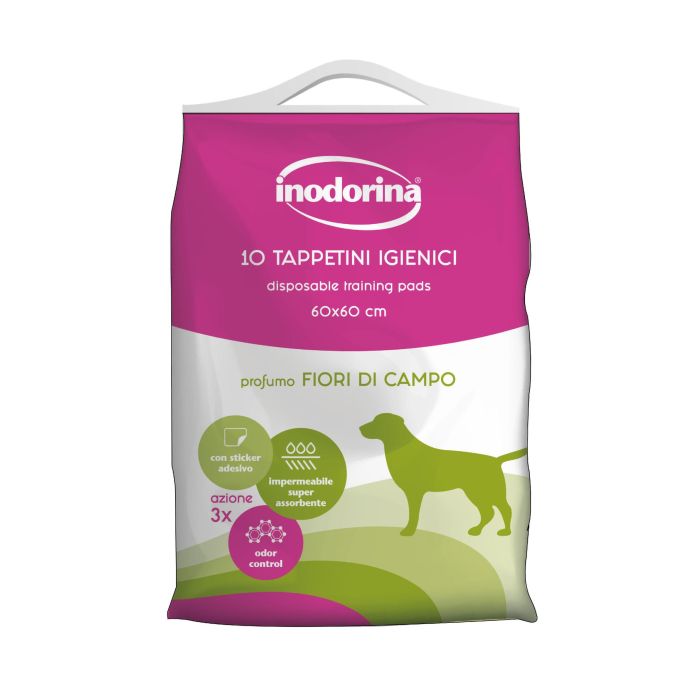 Inodorina Empapador Higiénico para Perros y Cachorros Absorbente Impermeable con Tiras Adhesivas Aroma Flores de Campo 60x60 cm 10 Unidades