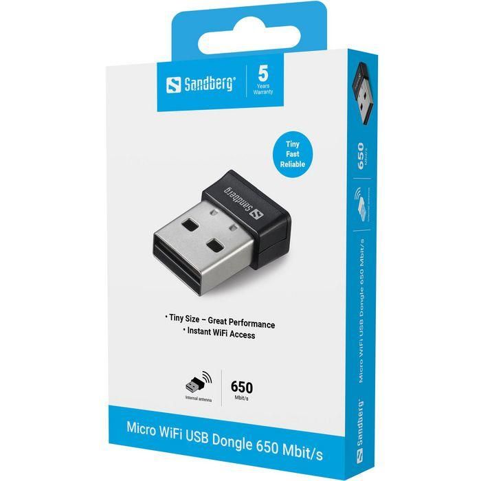 Sandberg Micro WiFi USB Dongle 650 Mbit/s - Adaptador Inalámbrico para Acceso a Redes WiFi por Puerto USB sin Cables 5