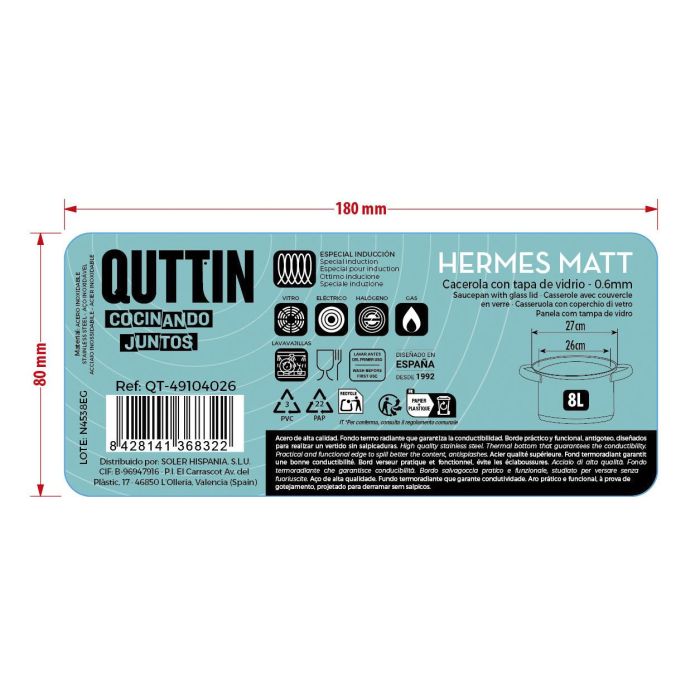 Inde Cacerola 26 cm (8 L) de Acero Inoxidable Industrial con Tapa, Modelo Hermes Matt, Serie QT (4 Unidades)
