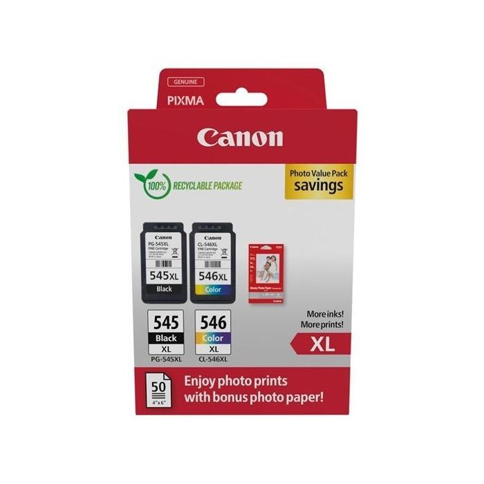 Canon Tinta Ecopack BK+C+M+Y + 50H Papel Fotográfico 10x15 para Pixma TR4551-4650-4651, TS3350-3351-3352-3355-3450-3451-3452, PG545XL + CL546XL