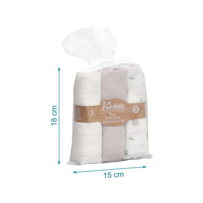 Set De 3 Muselinas Gris, Blanco Y Estampado Ratoncitos 70x70 cm