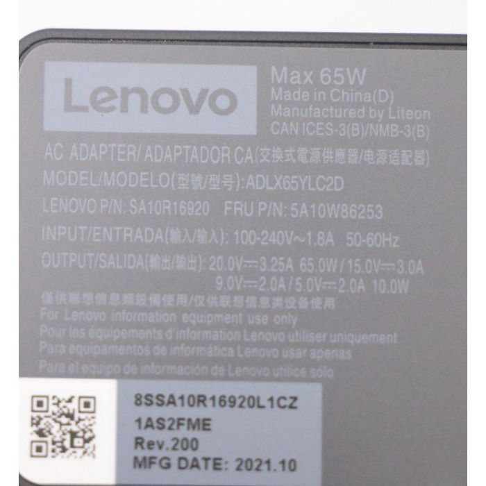 Lenovo Adaptador de Corriente 65W para Laptops: Salidas 20V, 15V, 9V, 5V, Diseño de Doble Puerto para Carga Versátil 10