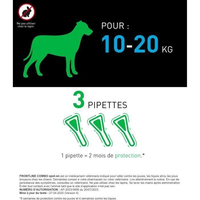 FRONTLINE 3 Pipetas antiparasitarias COMBO Perro - 10 a 20 kg - Pulgas, garrapatas, piojos masticadores 2 FRONTLINE 3 Pipetas antiparasitarias COMBO Perro - 10 a 20 kg - Pulgas, garrapatas, piojos masticadores 2