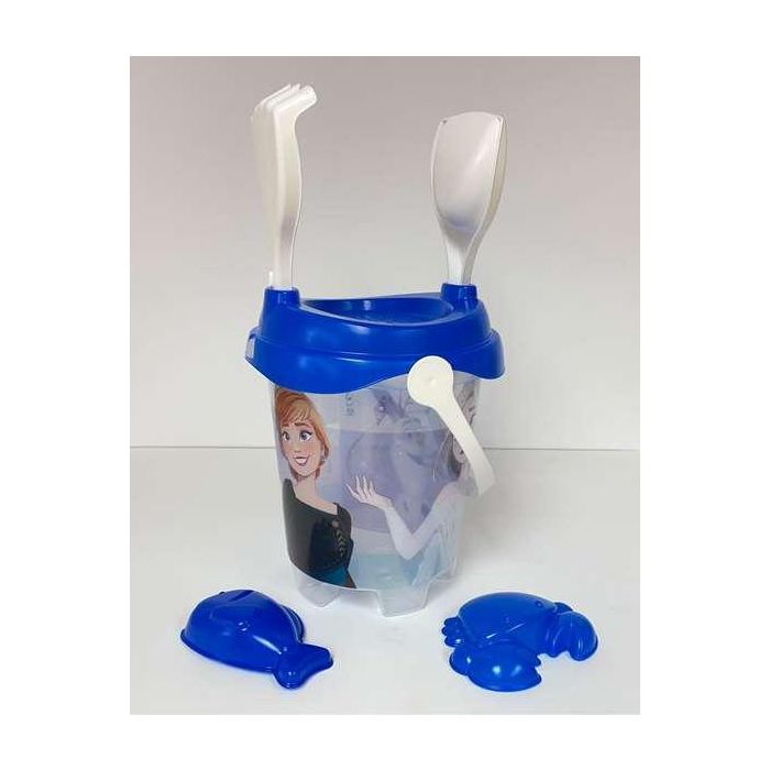 Frozen Cubo de Playa Castillo Transparente con Cedazo, Pala, Rastrillo y Moldes para Niños a Partir de 3 Años