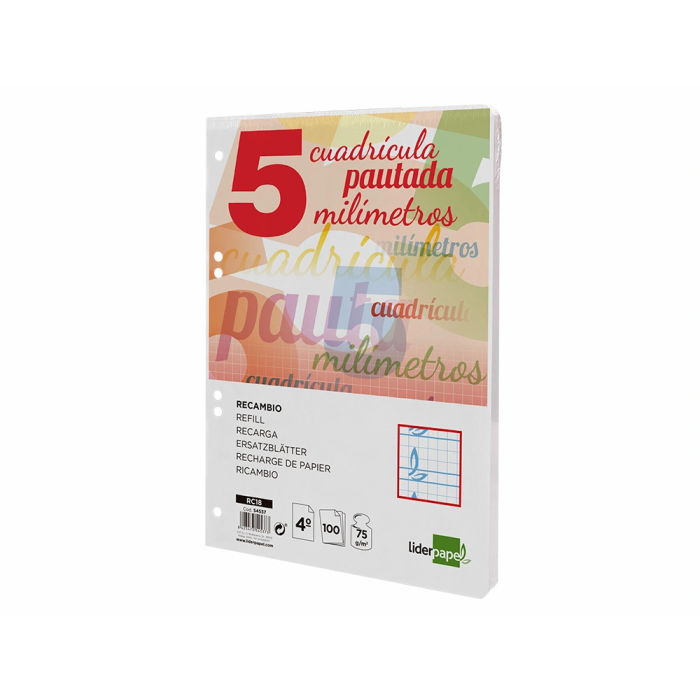 Liderpapel Recambio Cuarto 100 Hojas 75gr Cuadriculado Pautado 5mm con Margen y 6 Taladros 2
