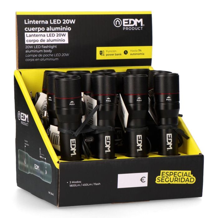 Edm Linterna LED 20W Cuerpo Aluminio Recargable 1800lm con Power Bank 4