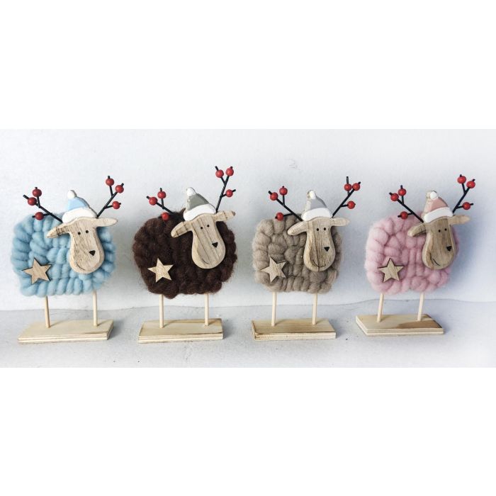 DKD Home Decor Figura Navidad Reno Alpina, de Madera y Poliéster, Colores Surtidos (Azul, Marrón, Beige, Rosa) 10x19x10 cm (12 Unidades)