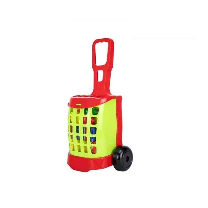 Carro de la compra con cajas de alimentos grandes y frutas.