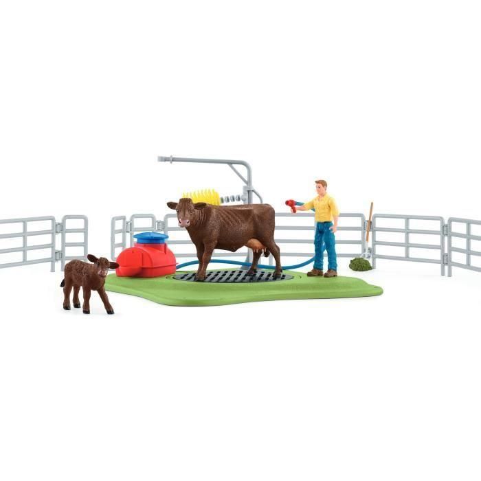 SCHLEICH 42529 FARM WORLD Estación de lavado de vacas con figura de vaca, ternero y figura humana 1