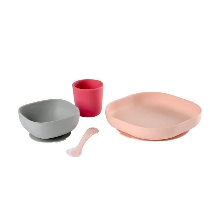 Juego de vajilla de silicona de 4 piezas BEABA - rosa 1 Juego de vajilla de silicona de 4 piezas BEABA - rosa 1