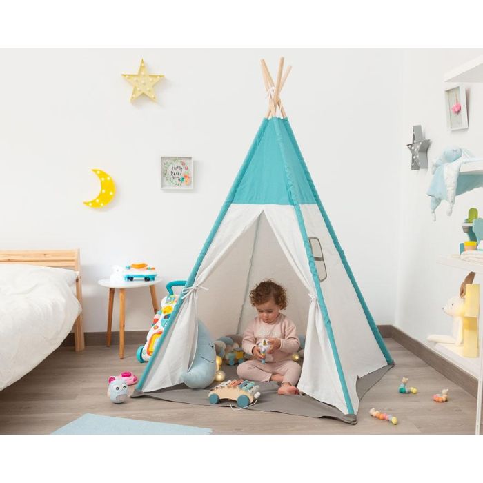 KioKids Teepee Azul para Niños +0 Meses - Tienda de Juego Plegable con Ventana y Puerta - Algodón/Poliéster 1