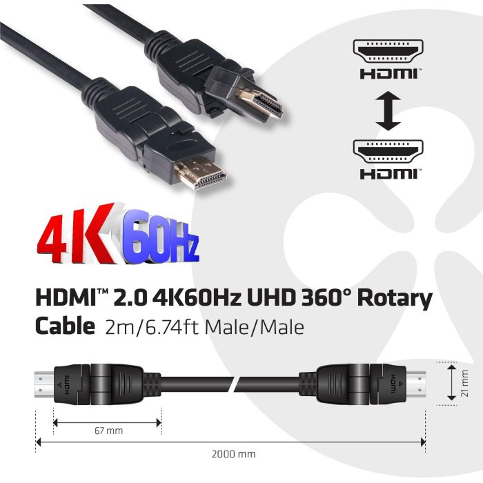 Club3D HDMI-Kabel A -> A 2.0 360° Drehbar 4K60Hz UHD 2 Meter retail 11 Club3D HDMI-Kabel A -> A 2.0 360° Drehbar 4K60Hz UHD 2 Meter retail 11