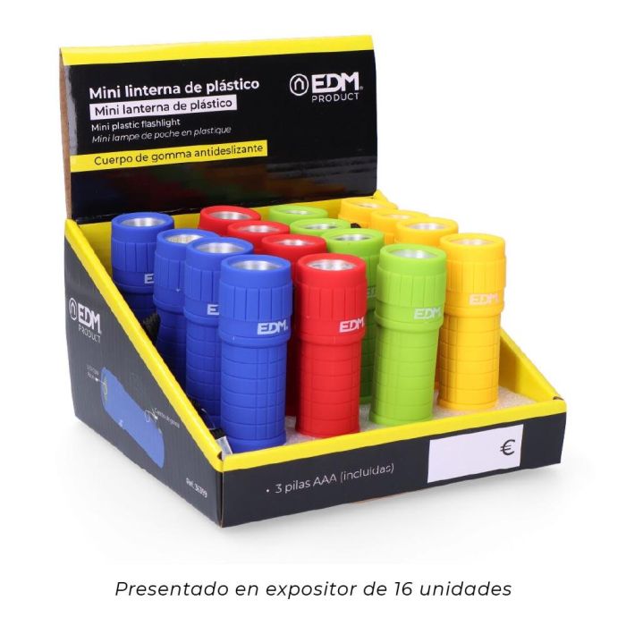Edm Mini Linterna de Mano LED COB 60lm, 3xAAA Pilas Incluidas, Colores Surtidos, Goma Antideslizante 4 Edm Mini Linterna de Mano LED COB 60lm, 3xAAA Pilas Incluidas, Colores Surtidos, Goma Antideslizante 4