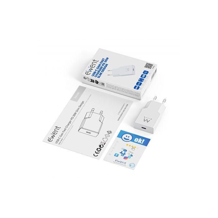 Ewent EW1310 Cargador Rápido 20W USB-C GaN, Carga Inteligente PD 3.0 PPS QC4+, Diseño Compacto Ultrafino 15mm 1