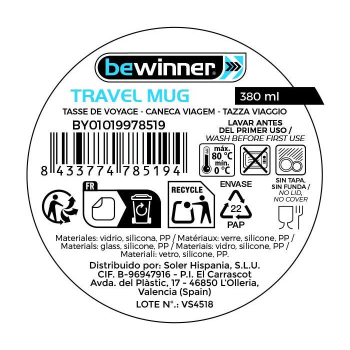 Travel Mug de Vidrio con Silicona 380 ml - Bewinner por Inde (24 Unidades) 7 Travel Mug de Vidrio con Silicona 380 ml - Bewinner por Inde (24 Unidades) 7