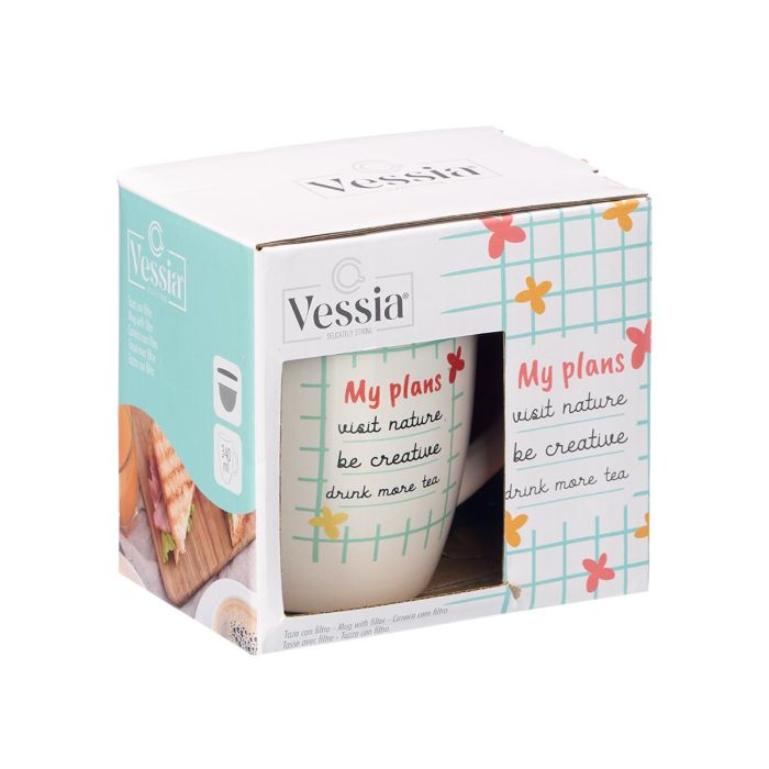 Vessia Taza Porcelana Nature con Tapa y Filtro, Blanco, 340 ml, Surtida, 12 x 10 x 8 cm (Set de 24)