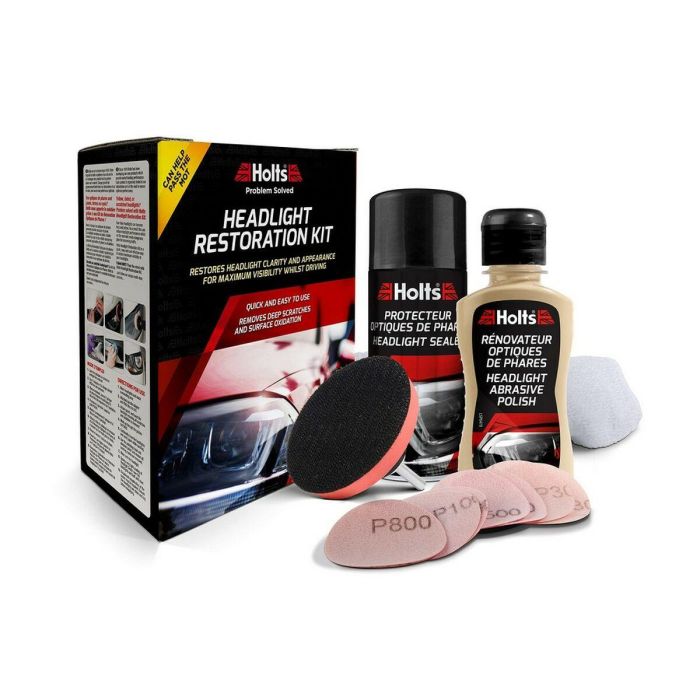 Holts Kit de Renovación y Pulido de Ópticas de Faro con Renovador, Protector, Microfibras, Discos, Espuma y Adaptador de Taladro Holts Kit de Renovación y Pulido de Ópticas de Faro con Renovador, Protector, Microfibras, Discos, Espuma y Adaptador de Taladro