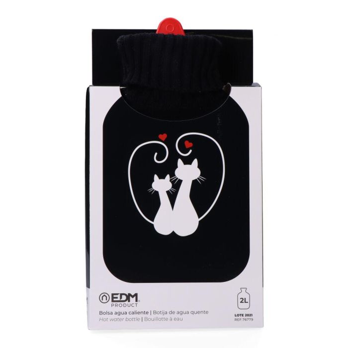 Edm Bolsa de agua caliente Gatos enamorados 2 l, negro con funda de lana, 20x34,5 cm 1