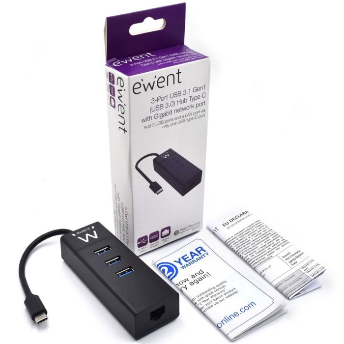 Ewent EW1141 Hub USB 3 Puertos 3.1 Gen1 Tipo C con Puerto Gigabit LAN, Negro 2