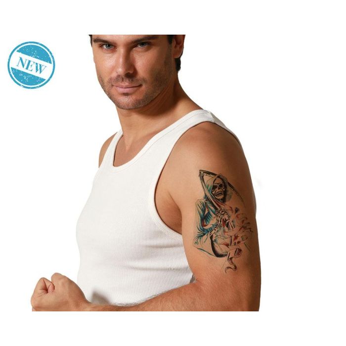 Tatuaje Temporal de Calavera con Guadaña para Brazo – Diseño Siniestro para Halloween, Disfraces y Fiestas Temáticas 0 Tatuaje Temporal de Calavera con Guadaña para Brazo – Diseño Siniestro para Halloween, Disfraces y Fiestas Temáticas 0