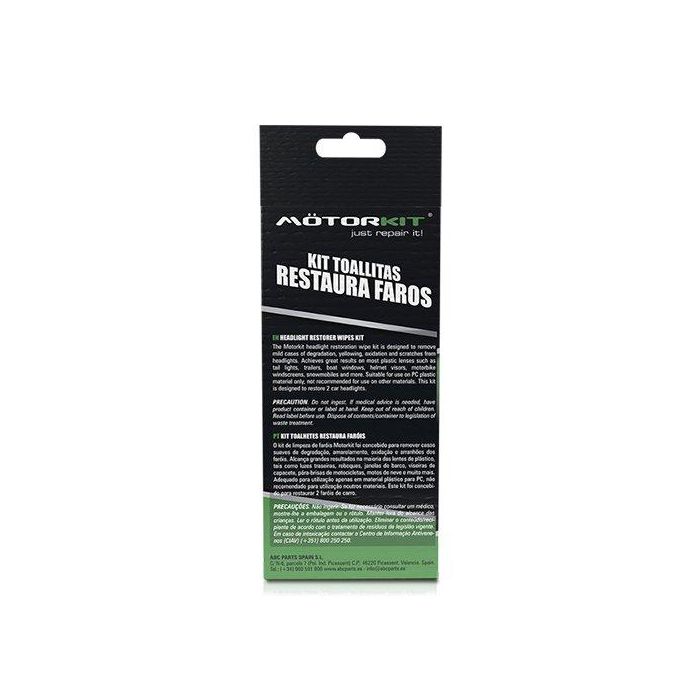 Motorkit Cs48 MOT1004 Kit Toallitas Restaurador Faros Coche Elimina Amarilleo, Oxidación y Arañazos en Plástico PC (2 Faros) 2 Motorkit Cs48 MOT1004 Kit Toallitas Restaurador Faros Coche Elimina Amarilleo, Oxidación y Arañazos en Plástico PC (2 Faros) 2