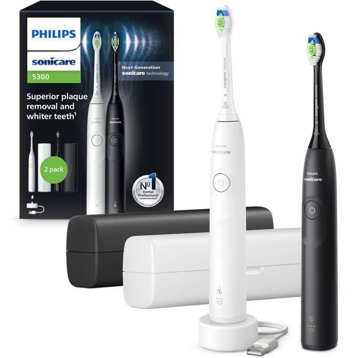 Philips HX7109/01 - Cepillo de Dientes Eléctrico Sónico Sonicare Serie 5300, Pack Doble con Dos Mangos en Blanco y Negro Philips HX7109/01 - Cepillo de Dientes Eléctrico Sónico Sonicare Serie 5300, Pack Doble con Dos Mangos en Blanco y Negro