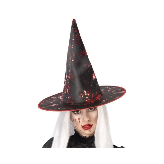 Sombrero de bruja negro con manchas rojas y borde rojo 38 cm - Perfecto para Halloween y cosplay
