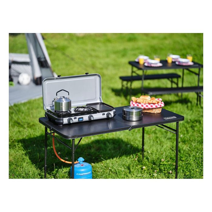 CAMPINGAZ Camping Kitchen 2 MULTI COOK - Hornillo plegable 2 zonas con capa antiadherente, Butano/Propano, 5.4 kg, Negro/Acero