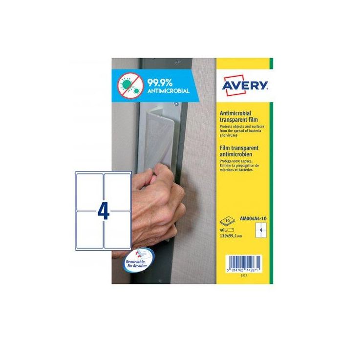 Etiquetas Adh.Avery A4 Polyester Antibacteriana Y Antimicrobiana Removible Caja 10H 139X99,1 Mm 40 Uds.(Am004A4)