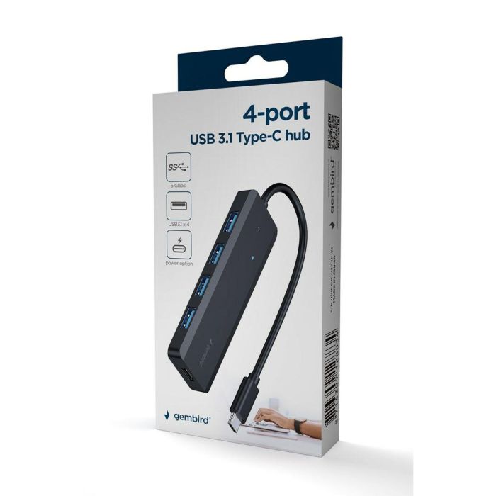 Gembird UHB-CM-U3P4P-01 Concentrador de Datos USB 3.2 Gen 1 (3.1 Gen 1) Tipo-C con Alimentación, Cable 0.15m, Negro 1
