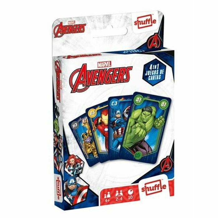 Shuffle 10028043 Juego de Cartas 4 en 1 Avengers Incluye Familias, Juego de Acción, Parejas y Snap, para +4 años, Español