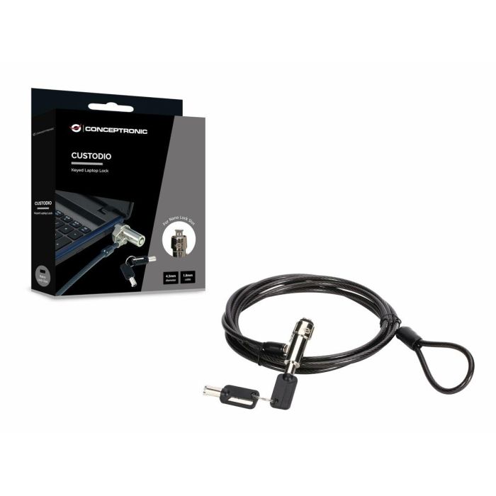 Conceptronic CUSTODIO02BN Cable de Seguridad para Portátil con Llave, Ranura Nano Lock, 1.8 m, Negro 1
