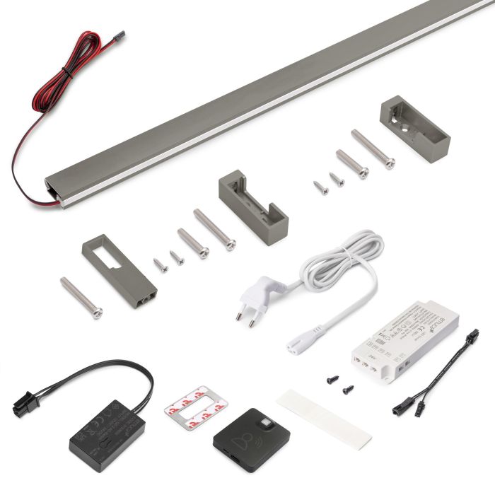 Emuca Kit de barra para armario Luxe, tira LED 4,5x8 Neonlynx V, sensor de movimiento RF Smart y convertidor Smart (24V DC), longitud 1.150mm, Luz blanca cálida 2.700K, Plástico y Aluminio, Titanio 0 Emuca Kit de barra para armario Luxe, tira LED 4,5x8 Neonlynx V, sensor de movimiento RF Smart y convertidor Smart (24V DC), longitud 1.150mm, Luz blanca cálida 2.700K, Plástico y Aluminio, Titanio 0