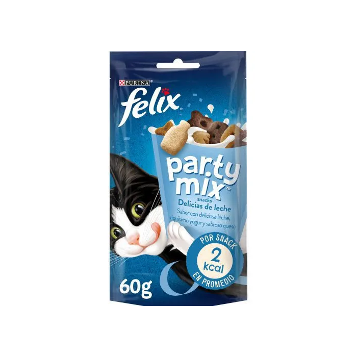 Purina Felix Party Mix Delicias de Leche 8x60g - Snacks para gato con proteínas, vitaminas y omega 6